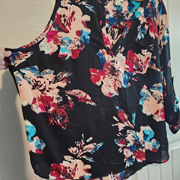 Ava & Viv Floral Blouse Women 3X Black Pink Floral Peasant Career Whimsygoth - Picture 3 of 9